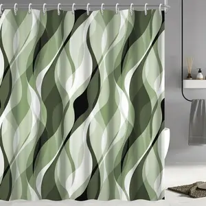 Sage Green Shower Curtain, Abstract Ombre Green and Grey Striped Shower Curtain Set for Bathroom Waterproof Polyester Shower Curtain with Hooks