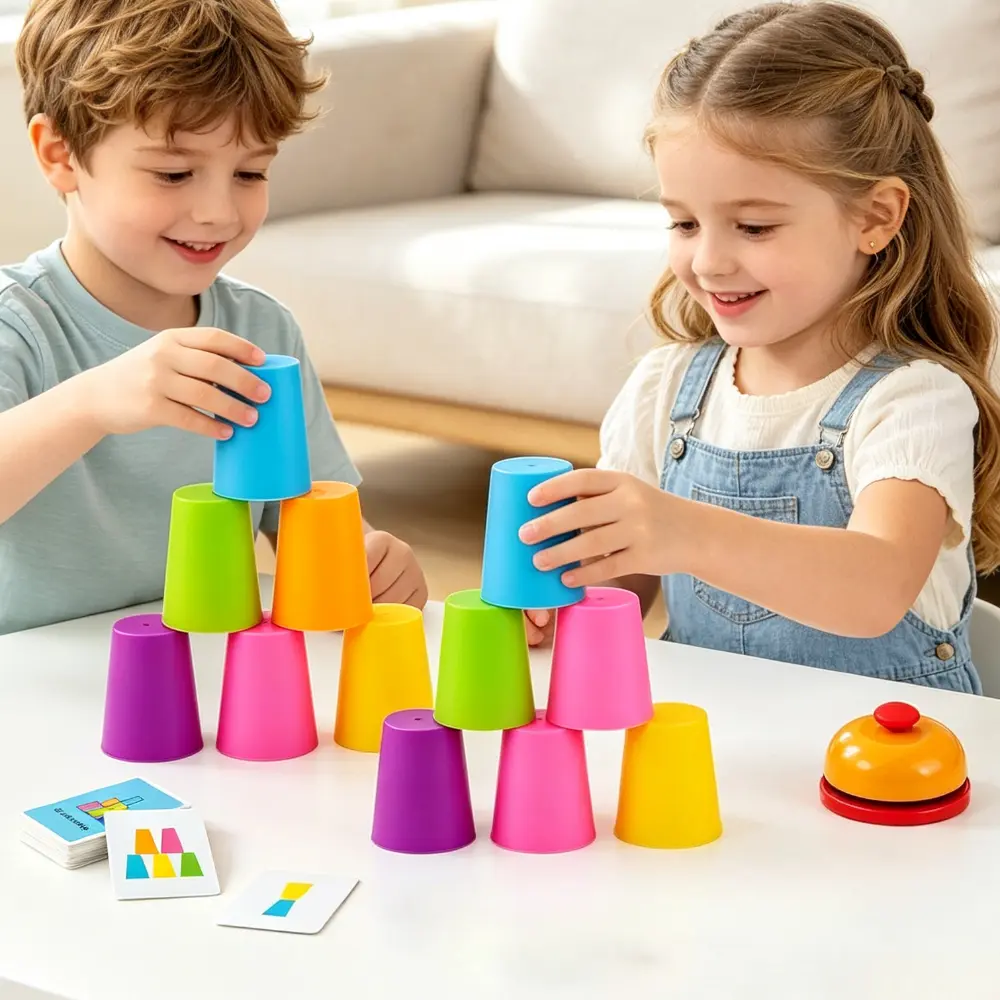 Kids Fun Speed Stacking Cups Set - 12 Colorful Stacking Cups + 54 Challenge Cards + Bell, Kids Logic Concentration Brain Teaser Game, Parent-Child Interactive Desktop Competition Game, Children's Gift