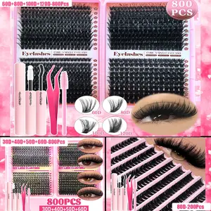 800 pcs / 200 pcs Cluster Eyelashes, 30D–120D Natural and Dense D-Curl Lash Extension Set with Glue, Tweezers and Brush, Mixed Lengths 9–16 mm, Ultra-Thin Lashes for Everyday or Dramatic Looks