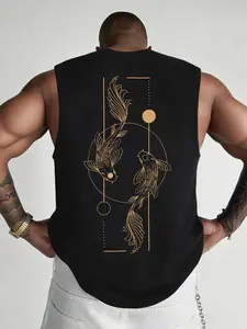Golden Koi Fish Geometric Muscle Tank Fitness Yoga Sports Vest | Japanese Aesthetic Cultural Sleeveless Casual Top Gym Sports Vest