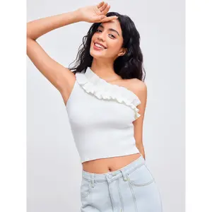 Cider [size 2-10] Knit Asymmetrical Neck Solid Lettuce Trim Crop Tank Top SwimWeek
