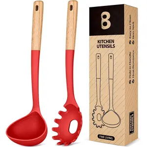 Pasta Fork and Ladle Set,  for Serving Hot Soup, Stirring, and Sauce Pasta,  Matte ,  Handle Spaghetti Spoon for Nonstick Cooking Surfaces (Red)