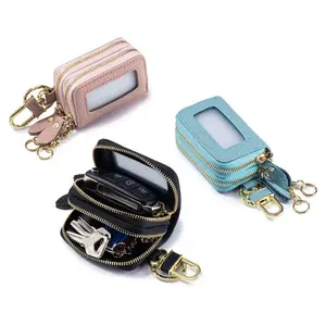 New genuine leather double-layer key case, casual zippered car key organizer, stylish keychain, multifunctional design, made of top-grade cowhide, a holiday gift or birthday present for boyfriend or girlfriend