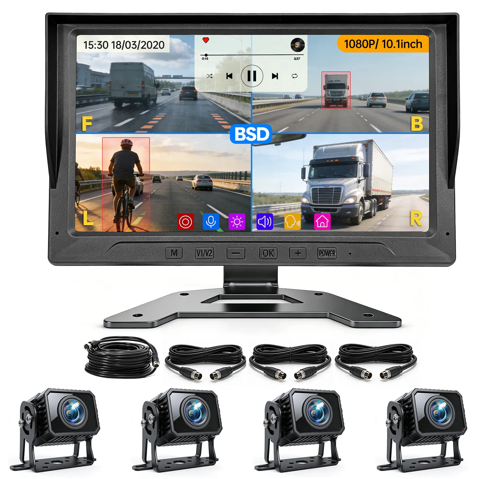 ConewVehicle Wired Backup Camera System with 10.1 inch Monitor for RV Truck Bus Trailer Camper with 4 Rear/Side View 1080P HD Cameras 4 Splits Screen DVR Recording IP69 Waterproof MP5 Music Video Player BSD Avoid Blind