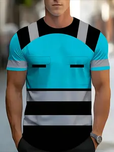 Men's Casual Fashion Short Sleeve, Breathable Comfortable Mesh Fabric, Lightning Logo Workwear Print Design, Multi-Pocket Color Block, Suitable for Construction, Electric Maintenance & Multiple Scenarios, Safety Protective Work Uniform