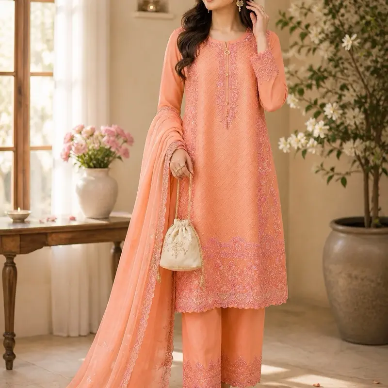 Party Wear Kameez Shalwar Peach Color with Embroidery and Long Sleeves Elegant Design for Women Perfect for Special Occasions