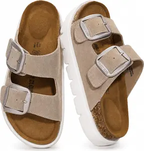 Project Cloud 100% Genuine Leather Platform Sandals Women Footwear - Wedge Chunky Slides for Women 2026 with Memory Foam Insole & Cork Footbed Womens Sandals (GreeceChunky)