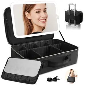 【Large Size】 Makeup Bag With Removable Led Mirror, Waterproof PU Leather Travel Case, Adjustable Dividers & Brush Storage, Professional Cosmetic Organizer，Valentine’s & Mother’s Day