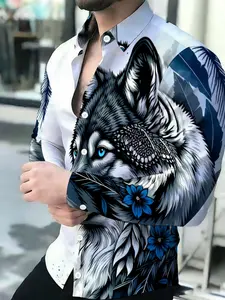 Men's Wolf Head Feather Print Long Sleeve Shirt, Animal Shirt, Casual Fitted Button Front Design, All Season Wear, Asymmetrical Pattern