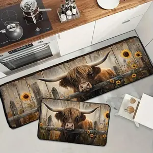 Highland Cow Sunflower Animal Print Rug Set, Rectangular Polyester Material, Ideal for Laundry Room & More, Non-Slip Design, Easy Care Flooring