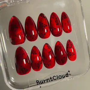 Roses of the Night Dark Red Cat Eye Black Roses Press on Nails, Almond Reusable Nails/Fake Nails