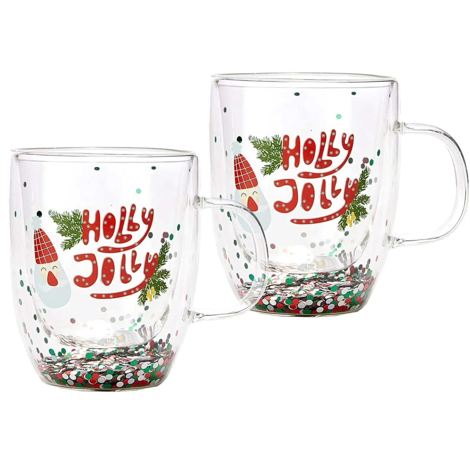 The Wine Savant Glass Coffee Mug Set of 2 Holly Jolly Tree Double Wall Insulated Cups Confetti Glassware for Coffee Tea Milk Juice Water Gift Set for Home Kitchen Decor Gift