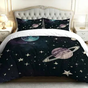 3PCS Duvet Cover Set, 1 Duvet+2 Pillowcases(Without filler), Planet Stars Galaxy Space Universe theme, New Year bedding set, Cosmic Sky Astronomical Night Suitable for decoration bedroom dorm room guest room living room.