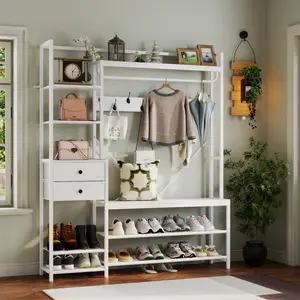 Gyfimoie 7-in-1 Hall Tree with Bench and Shoe Storage for Entryway, Entryway Bench with Coat Rack, Storage Shelves, Shoe Race, Coat Hooks and 2 Fabric Drawers