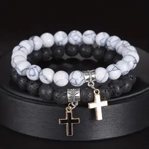 White Turquoise Volcanic Stone Bracelet Cross Pendant Bracelet Men's Personality Bracelet