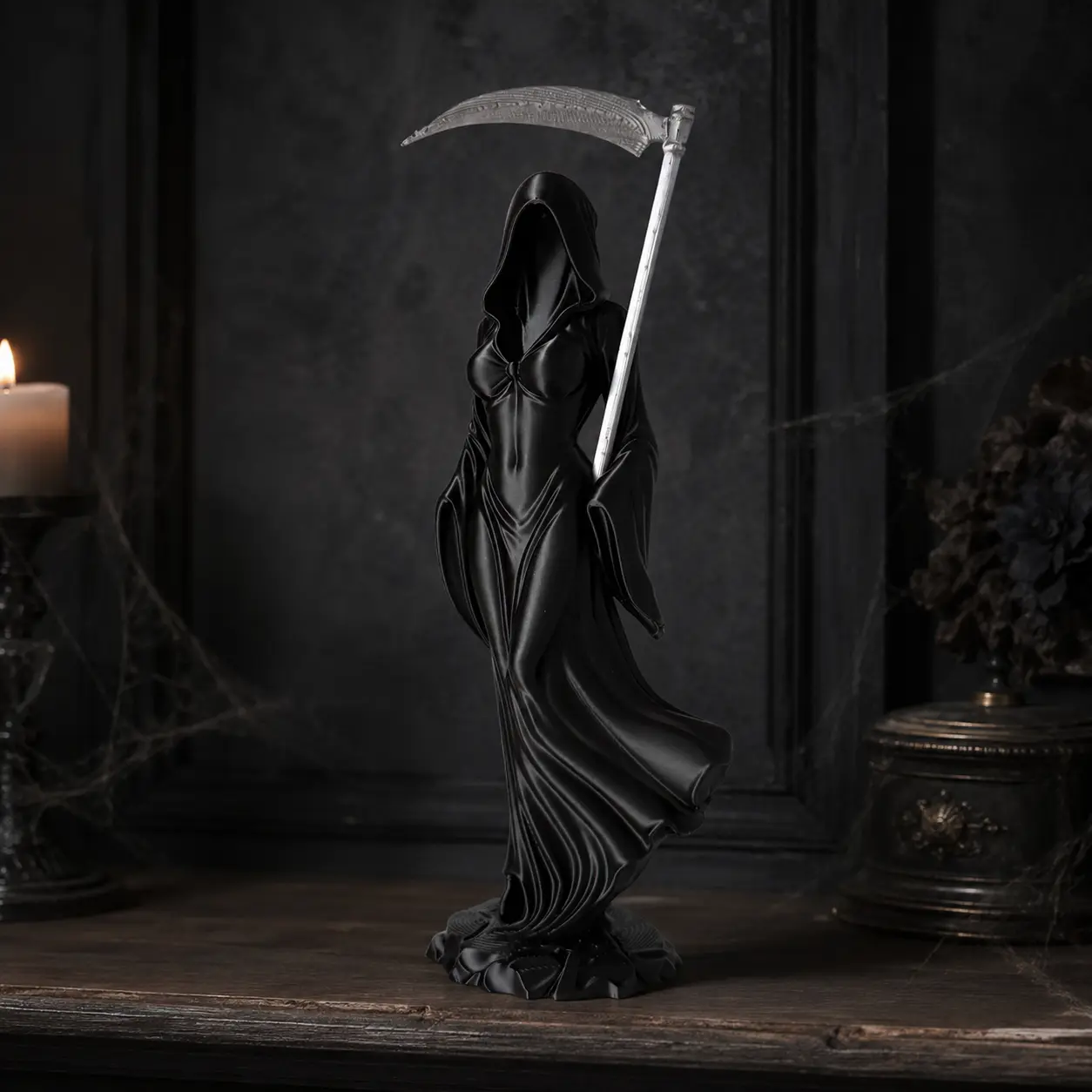 Silver sickle reaper statue for female corpses, gothic death goddess small figurine, dark fantasy resin sculpture, Halloween horror desktop decoration, bookshelf decor with a magical vibe, unique gift for fans of gothic style