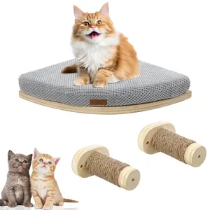 Poppy Pawsy Corner Cat Wall Shelf, Wall Mount Cat Shelves with 2 Climbing Steps, Large Floating Cat Shelves for Wall, Wall Cat Bed Furniture and Perch for Indoor Cats (Wood Color)