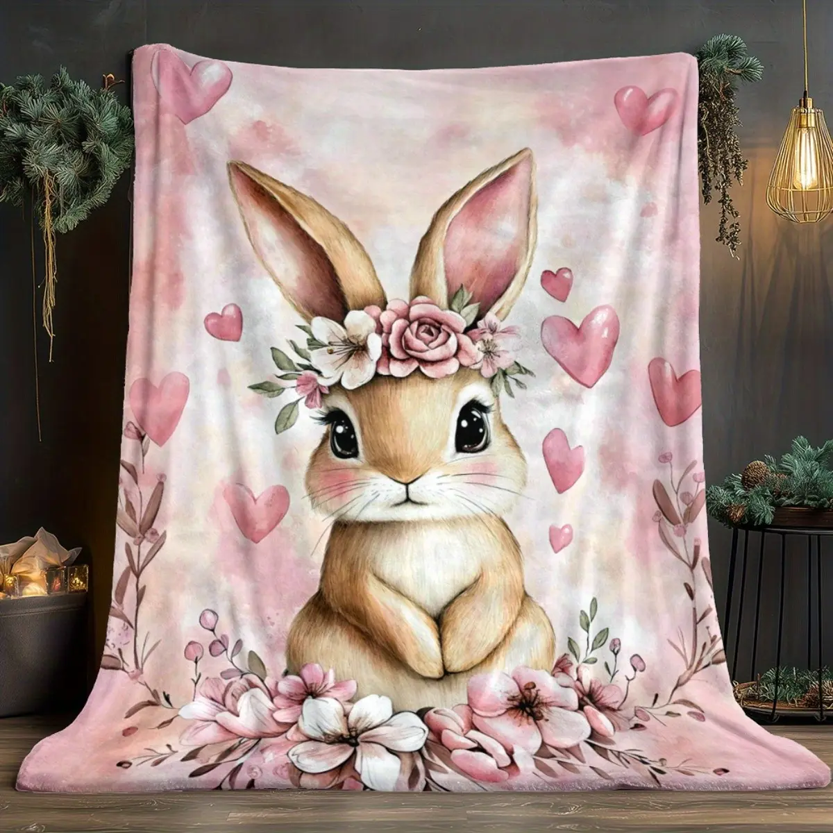 Fluffy Blush Pink Flannel Blanket - Bunny Artwork, Watercolor Floral Heart, Multi-Size, Cozy Aesthetic, Warm Aesthetic, Soft Touch, Body-Warming, Ideal for Bedroom, Heartwarming Blanket Gift for Women, 30*4in