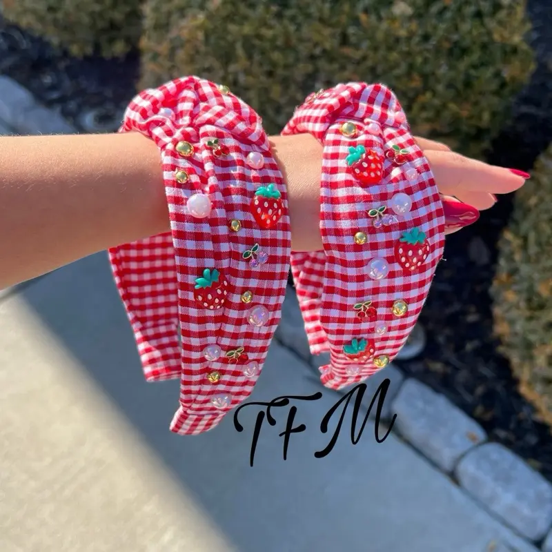 Handmade Strawberry Gingham Headband - Cottagecore Cotton Hair Accessory with Pearls and Cherries