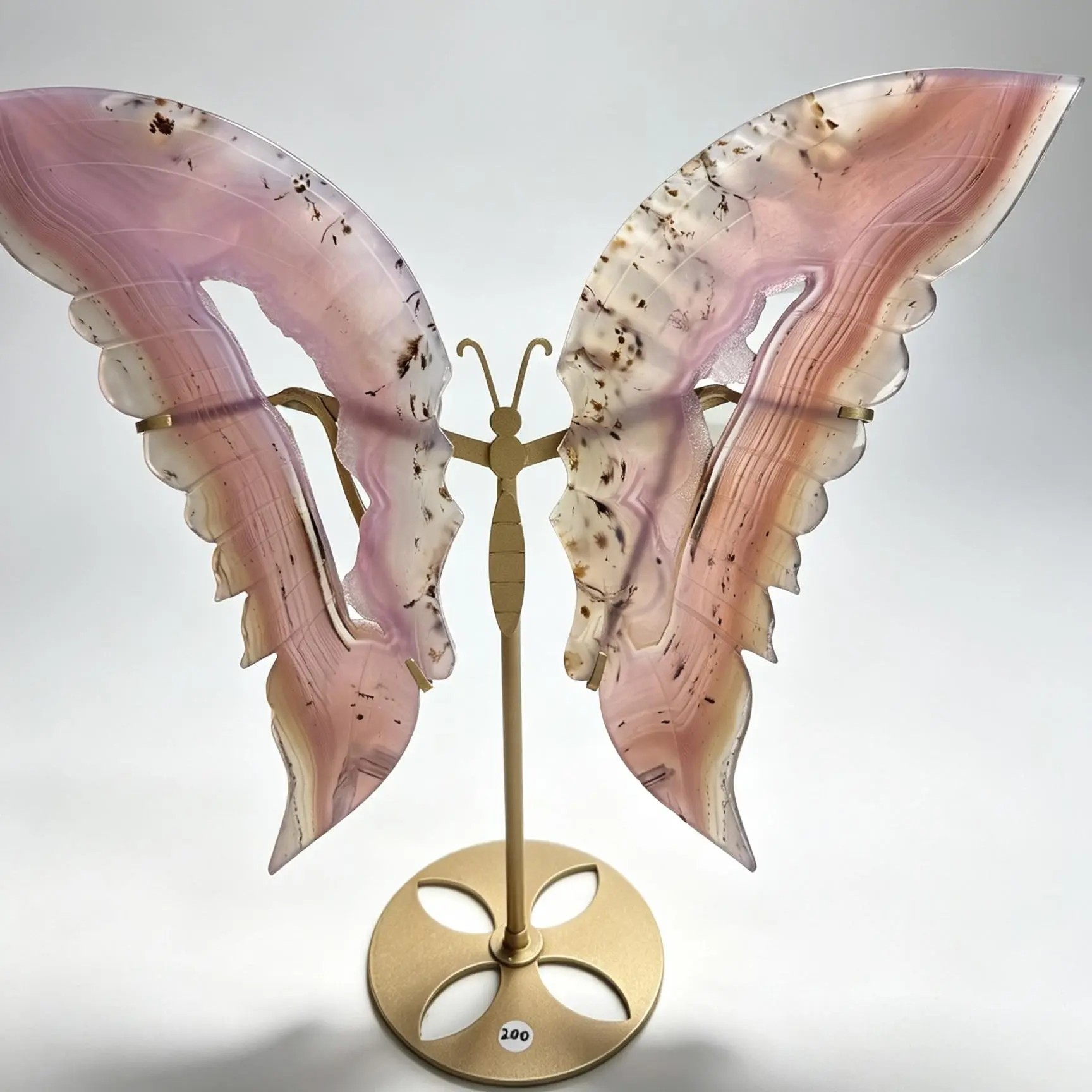 Dreamy Agate Crystal Home Ornament, Pink Jelly Butterfly Wings Sculpture with Gold Stand for Elegant Shelf Decor