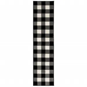 8' Ivory And Black Gingham Runner Rug
