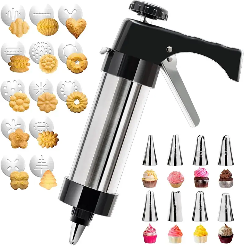 22 pcs Stainless Steel Cookie Press Gun Kit,Kitchen Bakeware Utensils with 13 Cookie Discs,8 Icing Nozzles,for DIY Cake Decorating, Ideal for Friends, Family,for Cookies Cakes Pastry Dessert Baking Decoration