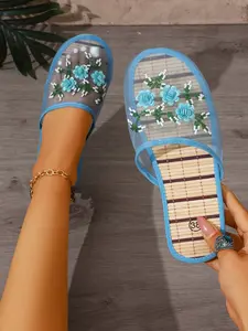 Women's Bright Mesh Slippers, Handmade Sequin & Beaded Floral Embroidery, Breathable Lightweight Indoor Shoes, Silent Non-Slip Bedroom Slippers for Summer