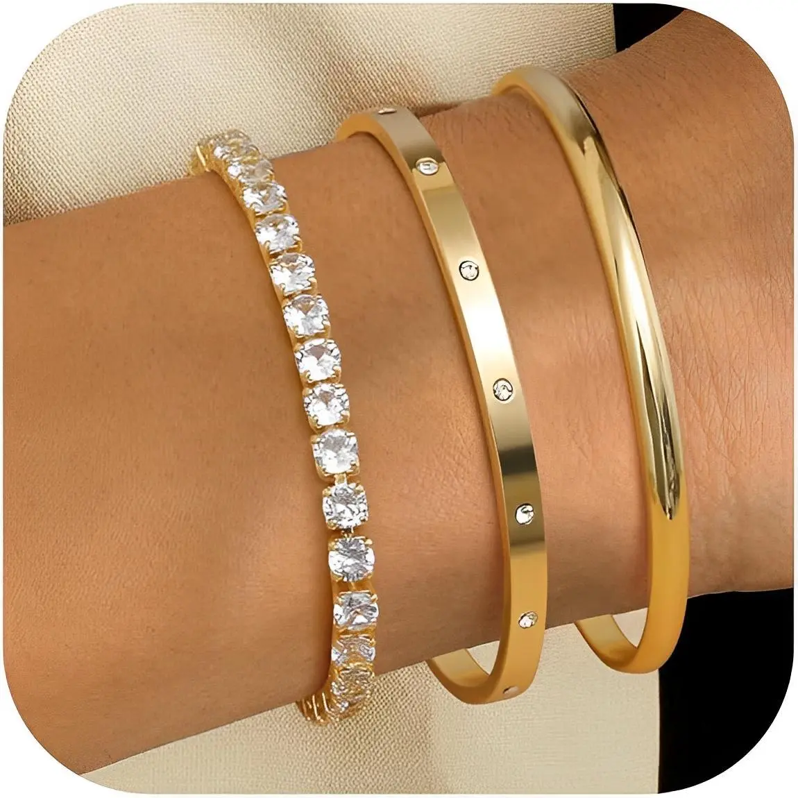 CASSIECA Women's 3pcs Stackable Bracelets Set - Gold-Plated Paperclip, Bead, Tennis & Chunky Cuff Chains, Tarnish Proof Jewelry, Elegant Exquisite Trendy Summer Accessory, Elegant Jewelry Bracelet