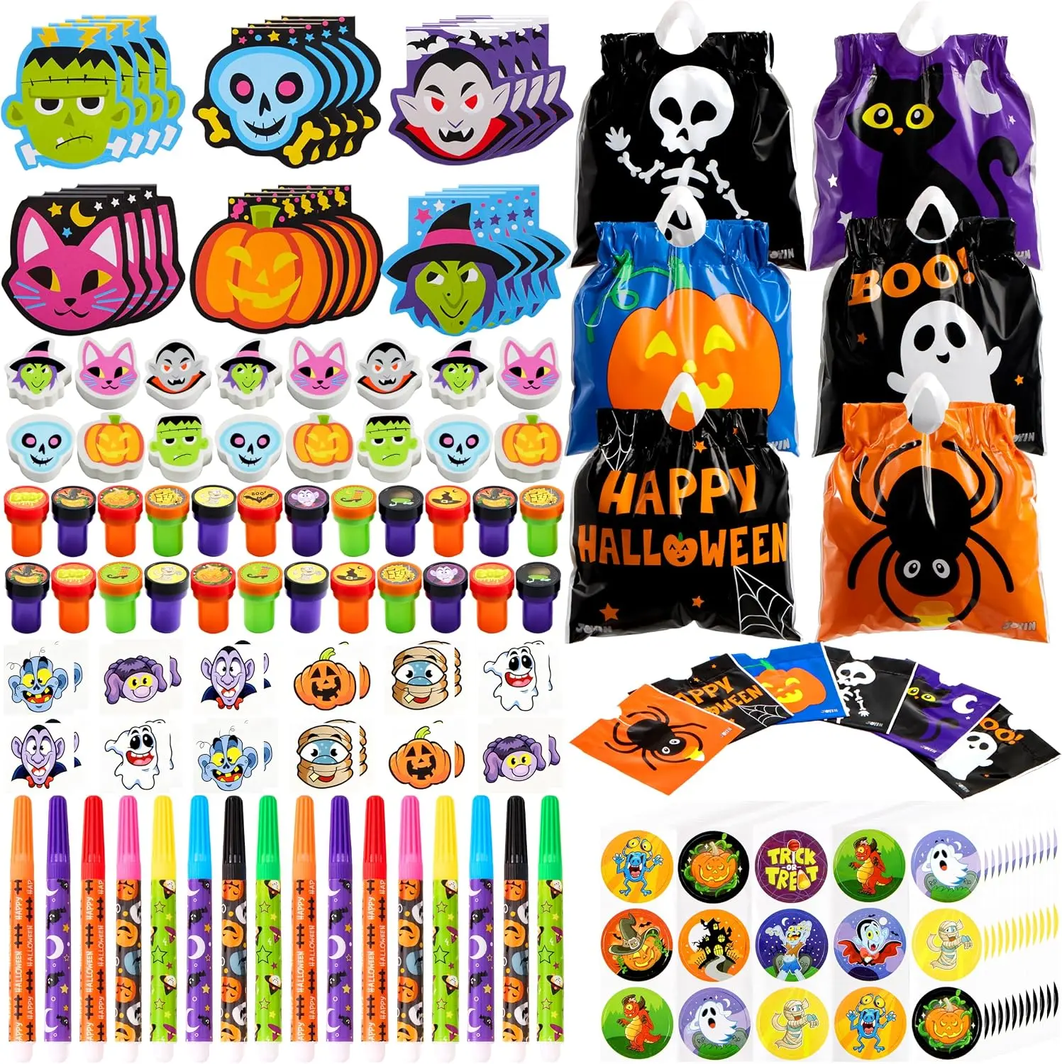 168 Pcs 24 Pack Assorted Halloween Art and Craft Stationery Kids Gift Set Trick or Treat Party Favor Toy Including Halloween Bag, Notepads, Stamps, Coloring Marker, Stickers and Temporary Tattoo