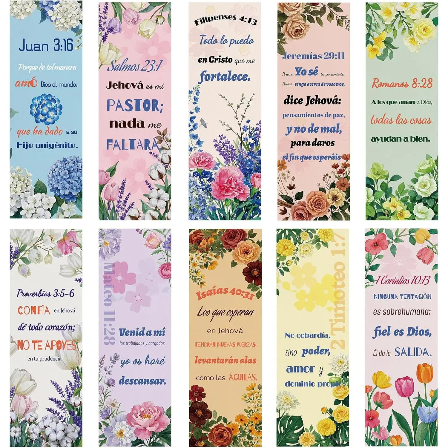 100 Spanish  Verse Bookmarks, 10 Inspirational Scripture Designs - Double-Sided Christian Bookmarks for Women Men, Religious Gifts for Book Lovers, Church, Prayer & Study (Spanish )