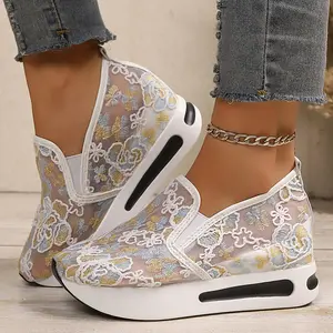 Women’s low-top sneakers with embroidered mesh upper, breathable fabric, EVA sole, all-season casual athletic shoes