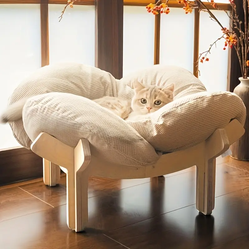 PETS Elevated Cat Bed Wooden with Cushion Fluffy Pet Couch Sofa for Indoor Cats Raised Kitty Lounge Chair Suitable for Puppy, Cat Furniture