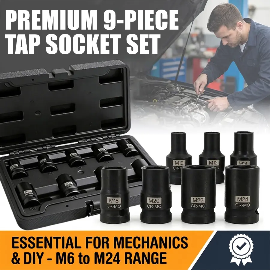 9pcs 1/2" Drive Deep Impact Socket Set M6-M24, 4-Point Premium Cr-Mo Steel Black Phosphate Coating Axle Nut Sockets, Heavy Duty Pneumatic Impact Tools for Car Truck Motorcycle Repair Garage Industrial Mechanical Maintenance