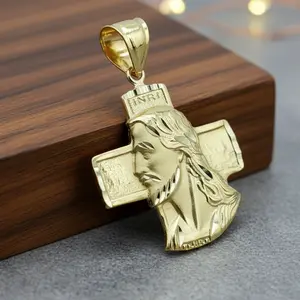 HIGH-END HIP HOP BRASS 14K SOLID GOLD PLATED JESUS INRI CROSS FASHION RELIGIOUS FASHION CHARM PENDANT
