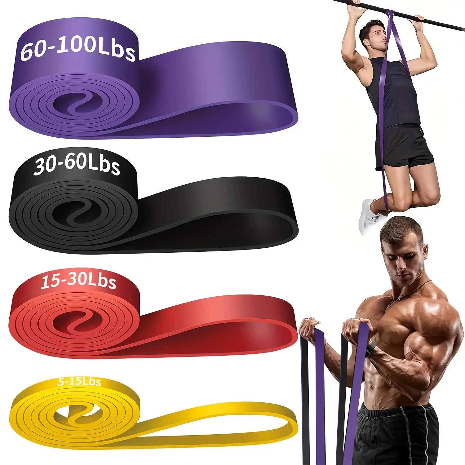 4-Piece Resistance Bands - Heavy Duty TPE Workout Bands with Color-Coded Resistance Levels (60-100 lbs, 30-60 lbs, 15-30 lbs, 5-15 lbs) - Stackable and Adjustable, Suitable for Pull-Ups, Legs, Chest, Back, Shoulders, Arms - Home Gym, Physical Therapy