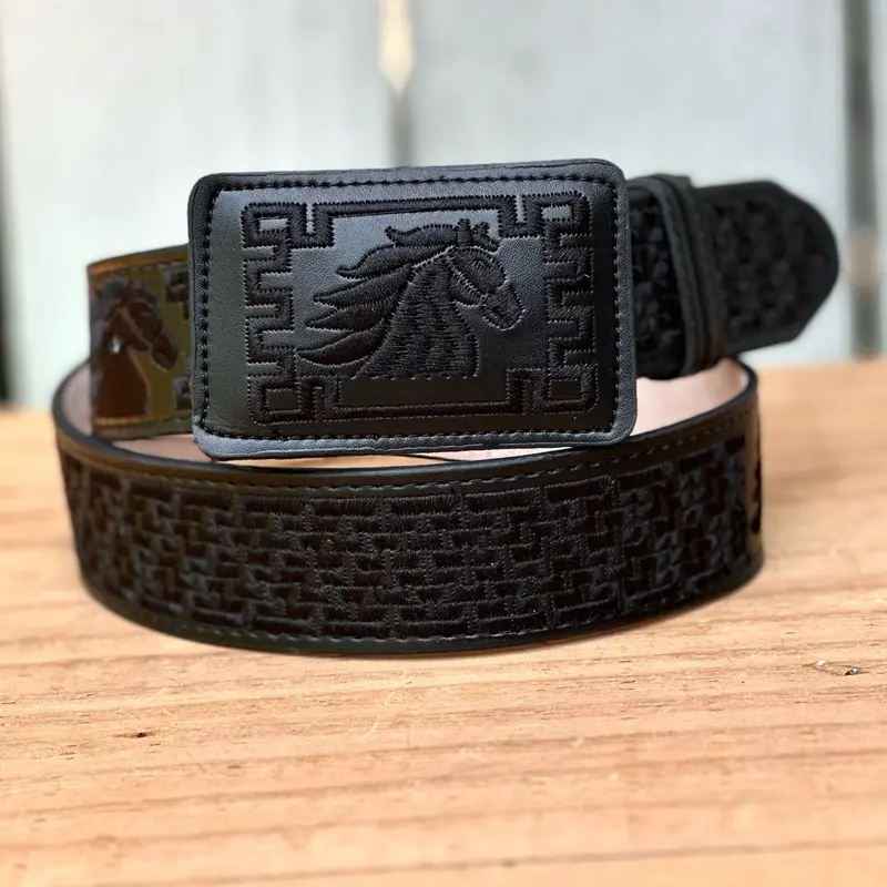Black “Horse” Embroidered Belt with Rectangular Buckle