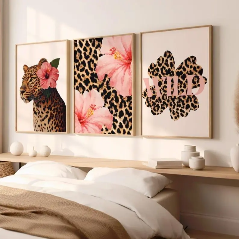 Trendy Leopard Hibiscus Flower Print Set of 3 Wall Art Girly Pink Cheetah Bedroom Posters Hawaiian Aloha Print Poster Funky Y2K Aesthetic