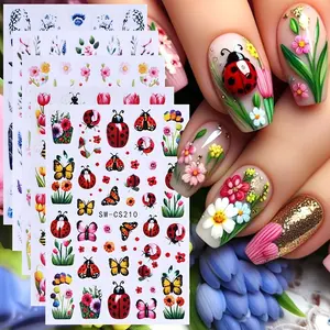 Spring Summer Nail Art Stickers, Bees, Tulips, Ladybugs, Blue & Porcelain Butterflies, Self-Adhesive Glossy Decals for Women