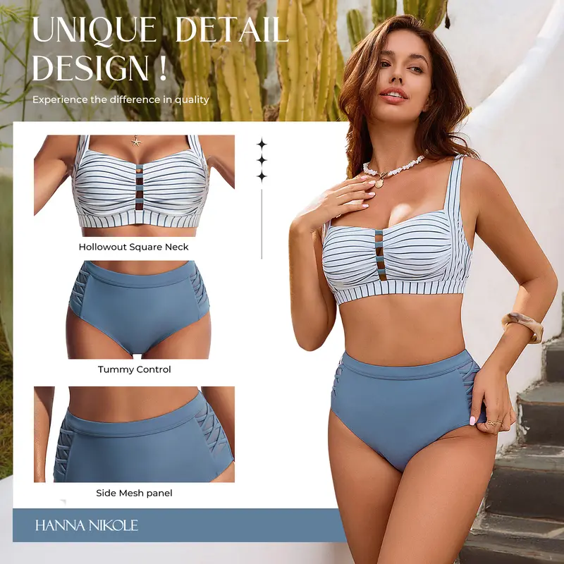 Hanna Nikole Women's 2-Piece High Waisted Bikini Set - Body Curve, Curves, Tummy Control Bikini Sets, Push-Up Cutout, Ruched Detail, S-XL Sizes (Runs Small) Beach Swimwear, Body Curve Bikini Sets