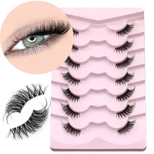 GROINNEYA 7 Pairs Cat Eye Lashes Natural Look Half Eye Lashes Insentience Clear Band Eyelashes Soft Wispy Half Lashes 3D Amazing Effect False Eyelashes,Easy To Wear Beginner Friendly,Suitable for Everyday Use Natural Curl Lashes