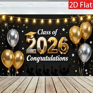 2D Flat Banner Polyester Photography Backdrop, HD Digitally Printed Soft Lightweight Foldable Background Cloth, Black Gold Silver Graduation Class of 2026 Congratulations Theme, for High School College Graduation Party Event Photo