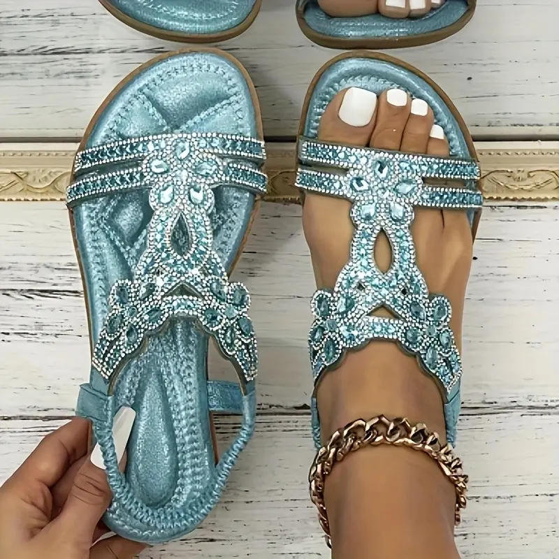 Elegant Bohemian Women’s Flat Sandals with Floral Rhinestones – Turquoise Open-Toe Design, Adjustable Ankle Strap, Comfortable Summer Beach Shoes for Casual Wear, Strappy Sandals Girl Footwear