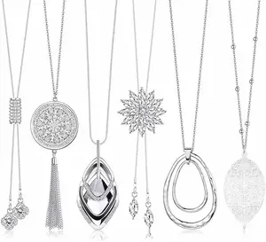6Pcs Long Pendant Necklaces for Women Long Sweater Necklaces Silver Flower Tassel Disk Circle Leaf Statement Sweater Chain Necklace for Women Y Necklace Set Fashion Jewelry