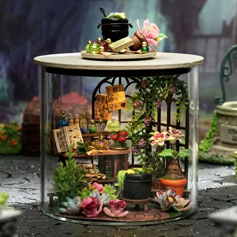 Cuteroom Magic House Kit, Mini Home Set with LED Lights, Creative Bedroom Decor, DIY Wood Model Toy, Miniature Furniture, Perfect Gift for Craft Lovers, Doll House, Play House