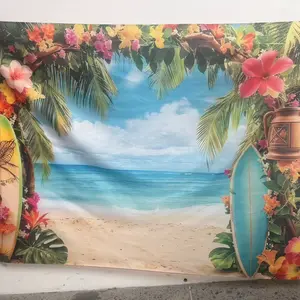 Hawaiian surfboard and tropical beach arch backdrop banner with palm leaves and surfboards, suitable for indoor/outdoor weddings, birthdays, holiday celebrations, holiday party decorations, and photo booth props.
