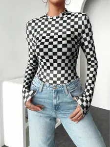 Women's Chessboard Pattern Mesh Long Sleeve Top Sexy Blouse Sheer Sun Protection Tee Casual Summer Fashion Y2K Going Out Night Out
