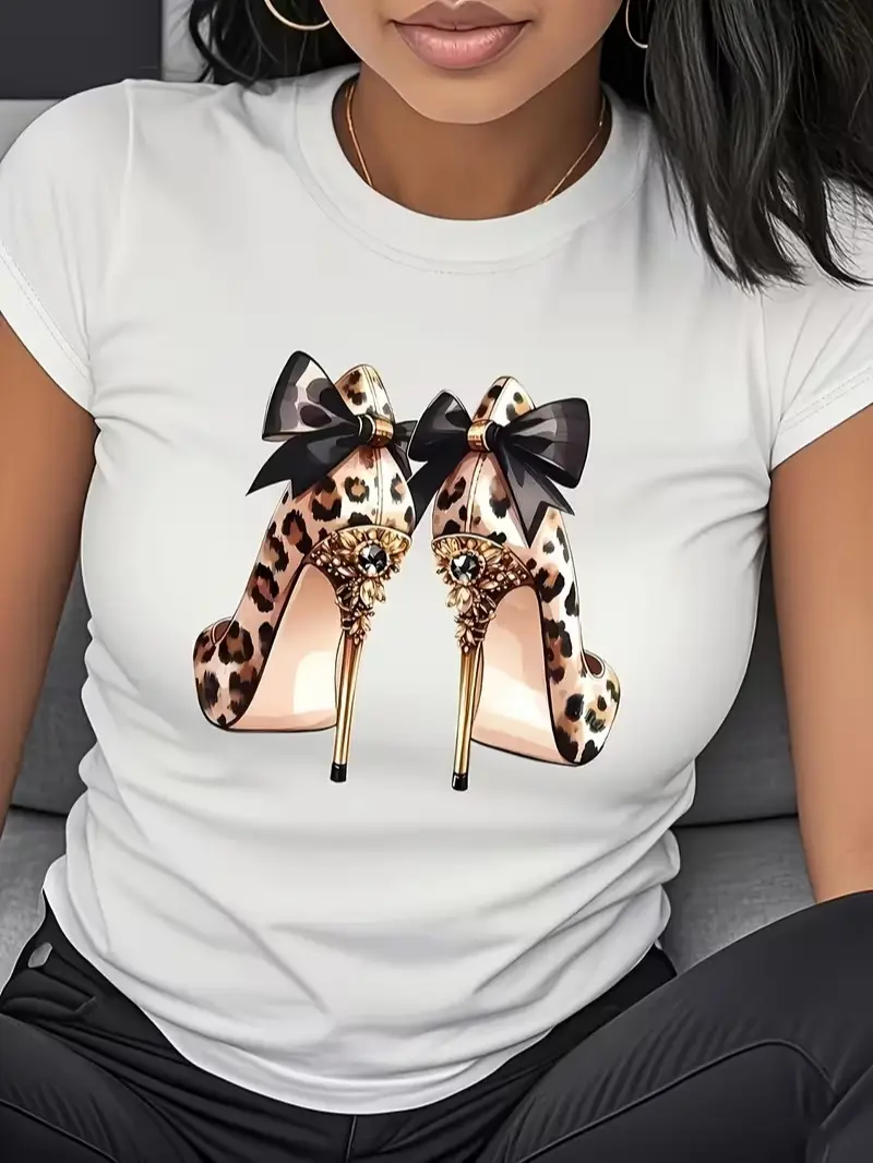 Women's Fitted Leopard Print Bow High Heel Pattern Casual T-Shirt - Black Round Neck Shortsleeve Comfortable Everyday Streetwear Top, All-Season Fashion Machine Washable Easy Care Fabric