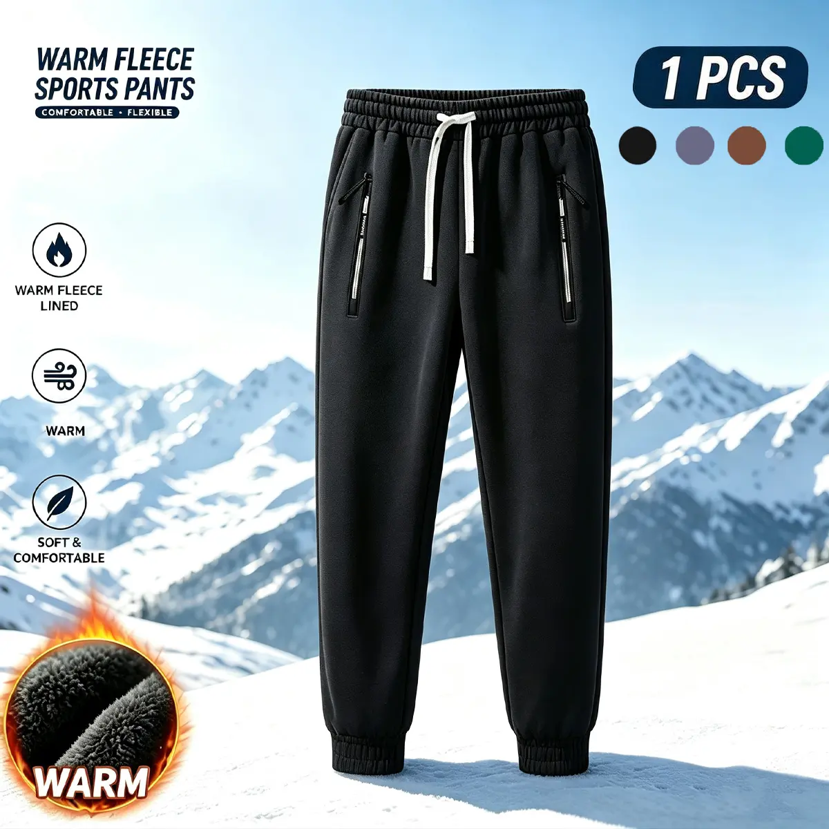 Men's Thick Fleece Sweatpants, Windproof Winter Joggers with Zip Pockets and Drawstring Waist, Plain Clothes