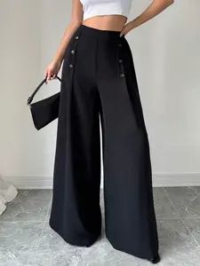 A black high-waisted buttoned dress pants for ladies, with slimming wide legs. Suitable for both commuting and vacation.