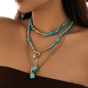 3Pcs Boho Turquoise Beaded Stackable Necklaces Women Fashion Daily Party Jewelry